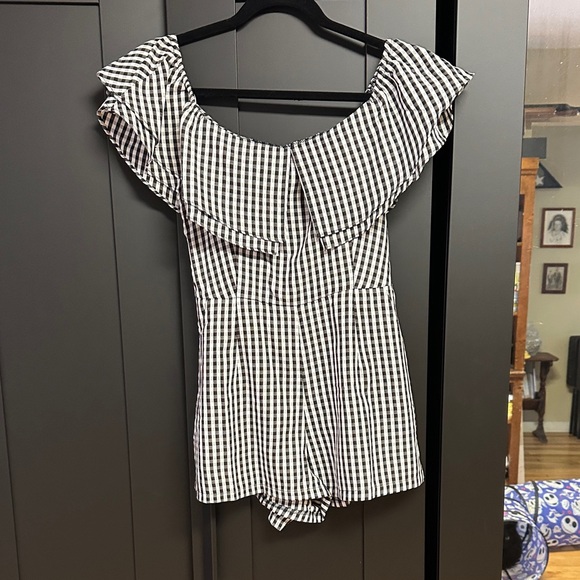 Kittenish Pants - Kittenish Black and White Gingham Off-Shoulder Romper
